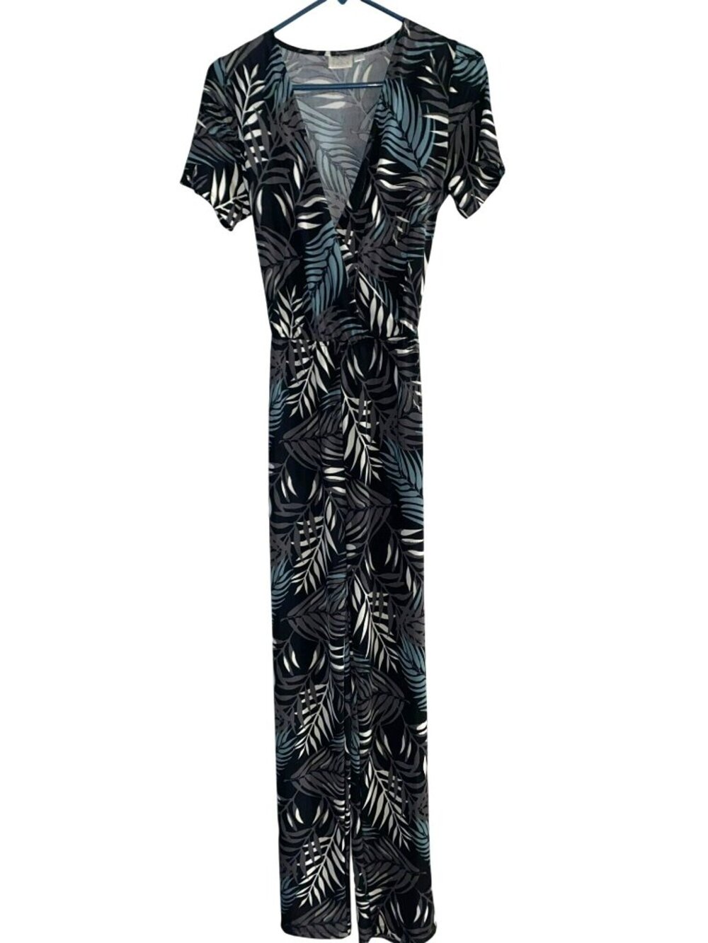 Beach Break Tropical Leaf Print Faux Wrap Short Sleeve Jumpsuit Size Small